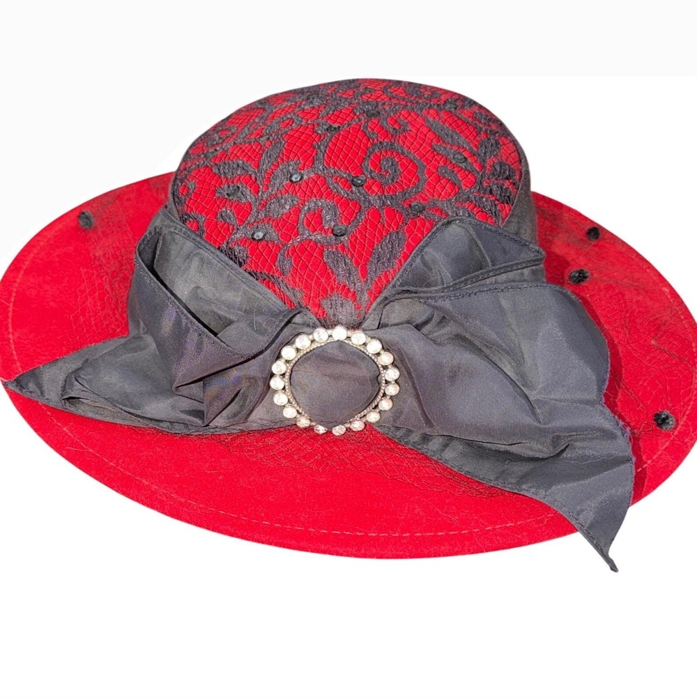 READ NWT Vintage Whittall & Shon Women's Sunday Church‎ Hat Red Black 100% Wool